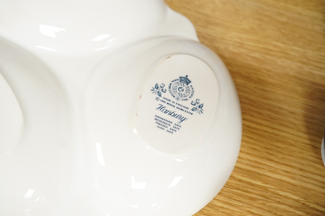 An 18th century Delft jug, another tin glazed dish, a Worcester Hanbury dish and five pieces of Copeland Spode Italian blue and white, tallest 22.5cm